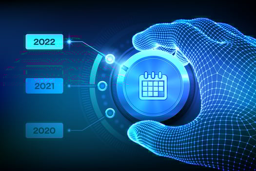 2022 new year change. Switch levels knob button on 2022. Wireframe hand setting calendar button on 2022 year position. Happy new year. New Year is coming concept. Vector illustration.