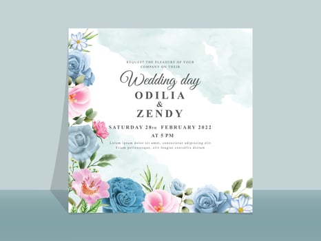 Beautiful blue and pink flowers wedding invitation card vector