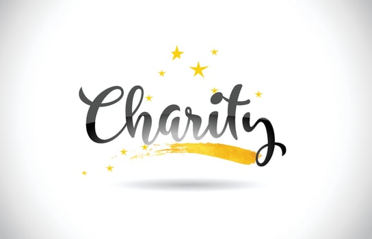 Charity Word Vector Text with Golden Stars Trail and Handwritten Curved Font.