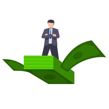 businessman is riding the flying money. success. vector illustration