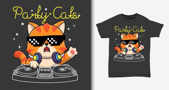 Cool cat disc jockey cartoon.  with t-shirt design. vector