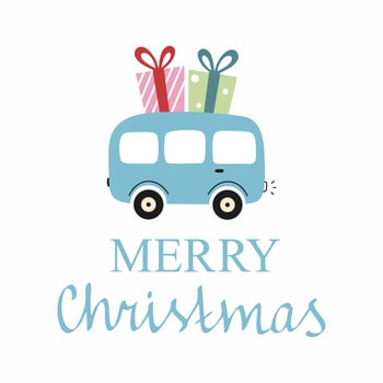 Merry Christmas holiday card. Blue bus is carrying gifts for new year. Beautiful handwritten lettering. vector