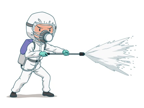 Cartoon character of disinfectant worker wearing protective mask and clothes, spraying coronavirus or covid-19. vector