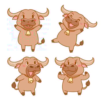Set of cute cartoon buffalo in different poses. vector