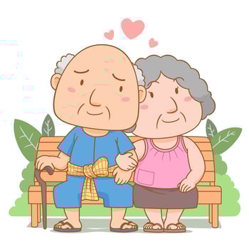 Cartoon illustration of grandparents in love sitting on garden bench. National grandparents' day. vector