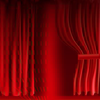 Realistic colorful red velvet curtain folded. Option curtain at home in the cinema. Vector Illustration.