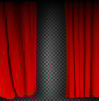 Realistic colorful red velvet curtain folded on a transparent background. Option curtain at home in the cinema. Vector Illustration