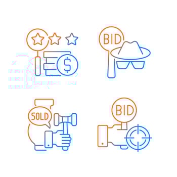 Auction components gradient linear vector icons set. Silent bidding. Auction sniping. Auctioneer. Appraisal process. Thin line contour symbols bundle. Isolated outline illustrations collection
