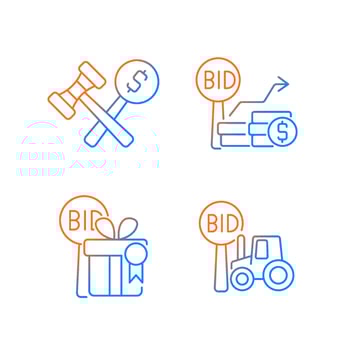 Agriculture auction components gradient linear vector icons set. Bidding increments. Auction winner. Farm equipment selling. Thin line contour symbols bundle. Isolated outline illustrations collection