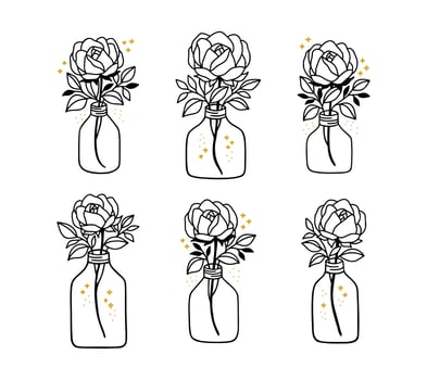 Set of vintage hand drawn rose flower and vase line art for feminine brand and beauty product logo vector