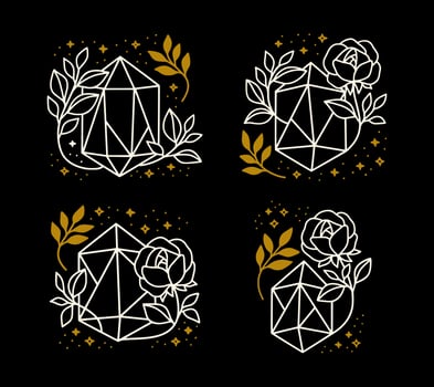 Set of hand drawn magical crystal elements with rose flower, leaf branch vector