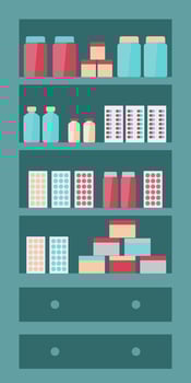 Small shelf with medicament to health care. Buy pill, drug, antibiotics in pharmacy store. Medical objects commerce. vector