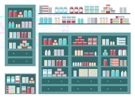 Set of shelves with medical pharmacology product. Collection with pharmacy store shelf, lotions, medicament and pill. Flat pharmacology care to buy. vector