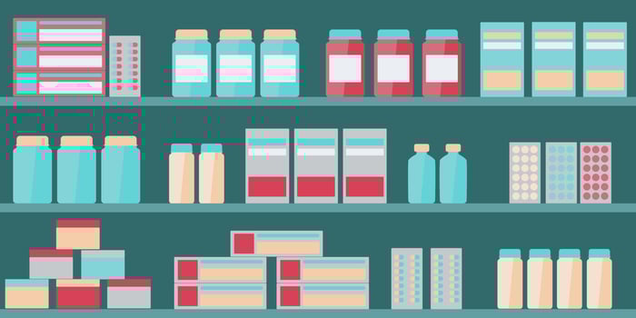 Pharmacy shelves in drugstore with pill, objects, capsule and antibiotics. Medical concept with shelf showcase. Shopping for antibiotics, drug, syrup. vector