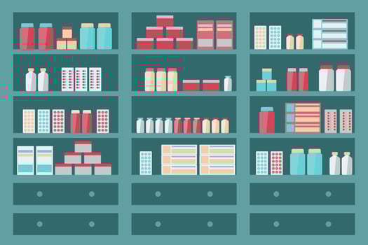 Big shelf in pharmacy store or hospital. Shopping for drug, syrup, antibiotics and vitamin to healthcare and aid. vector