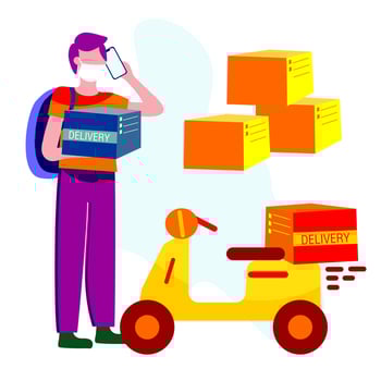 Online delivery service, online order tracking, home and office delivery. A truck, a scooter, a masked courier. Vector illustration