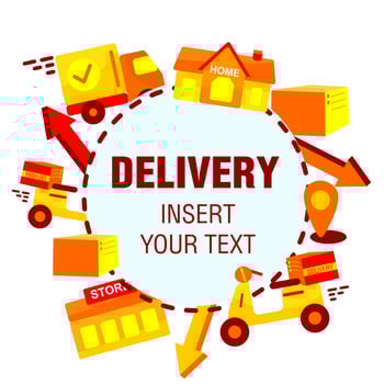 Online delivery service, online order tracking, home and office delivery. A truck, a scooter, a masked courier. Vector illustration