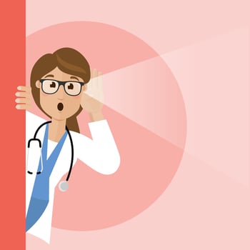 A female doctor in white coat peeks around the corner and hear a bad news. vector