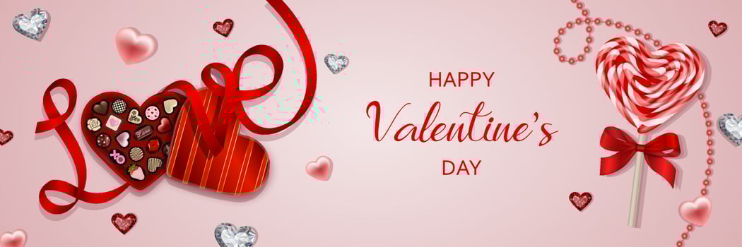 Valentine's day banner with chocolates box, lollipop and hearts vector