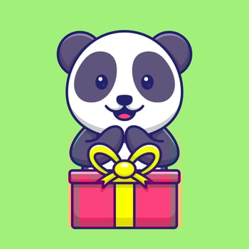 Cute Panda With Gift Box Cartoon Vector Icon Illustration. Animal Mascot Concept Isolated Vector. Flat Cartoon Style