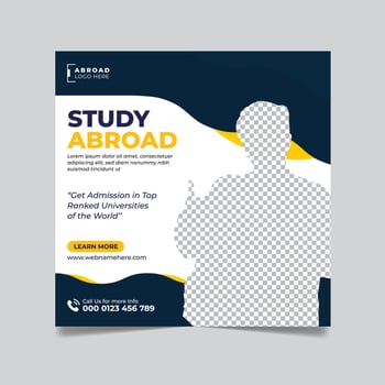 Study abroad social media post, education web banner square flyer template vector