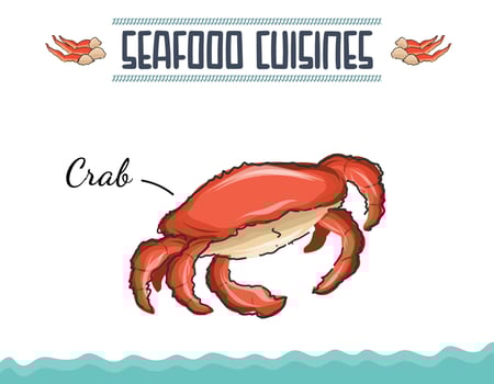 Seafood cuisine doodled red crab. Fresh tasty crabs. Seafood Illustration design. Vector hand drawn flat isolated illustration. Minimal colored isolated vector illustration