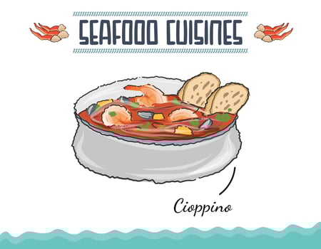Seafood Cioppino isolated on white vector illustration. Seafood spicy soup with potatoes, shrimps, mussels, herbs and fish served with toast. Horizontal top view.