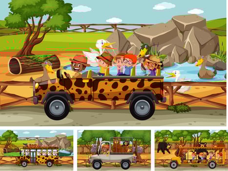 Different safari scenes with animals and kids cartoon character vector