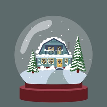 Magical Christmas ball with snow. Snow globe with a house. Vector illustration.