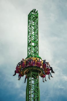 Canela, Brazil - July 21, 2019. People having fun on a riding in the Alpen Turbo Drop at the Alpen amusement park near Canela. A charming small town very popular by its ecotourism. photo