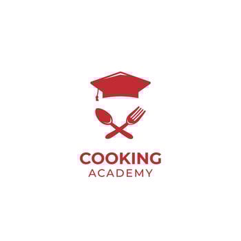 Cooking and food nutrition school academy logo icon symbol with spoon fork and graduation crown hat vector