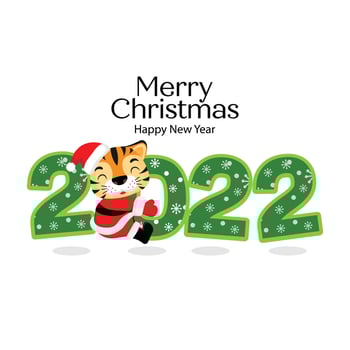 Merry Christmas and Happy New Year card. Cute Tiger in santa hat cartoon. vector