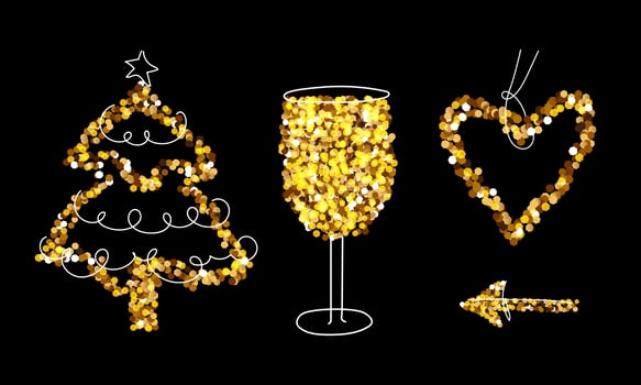 Christmas Gold Glitter Set, Champagne, tree, arrow, heart. Merry Christmas and New Year holiday elements for a card, poster, website, banner. Glittery vector illustration