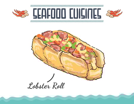 Lobster roll sandwich New England style hot dog Cheese Vector Illustration.