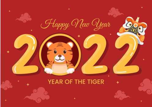 Happy Chinese New Year 2022 with Zodiac Cute Tiger and Flower on Red Background for Greeting Card, Calendar or Poster in Flat Design Illustration vector
