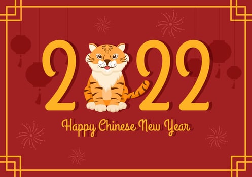 Happy Chinese New Year 2022 with Zodiac Cute Tiger and Flower on Red Background for Greeting Card, Calendar or Poster in Flat Design Illustration vector