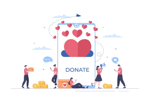 Love Charity or Online Giving Donation via Volunteer Team Worked Together to Help and Collect Donations for Poster or Banner in Flat Design Illustration vector