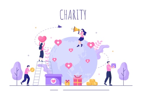 Love Charity or Giving Donation via Volunteer Team Worked Together to Help and Collect Donations for Poster or Banner in Flat Design Illustration vector