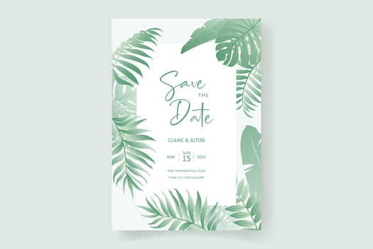 Summer wedding card design with tropical leaf ornament vector