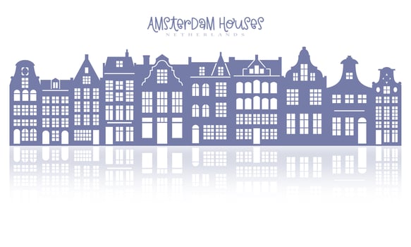 Silhouette of a row Amsterdam houses. Facades of European old buildings for Christmas decoration. Holland homes with reflection. Vector