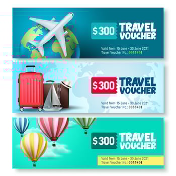 Travel voucher template vector set. Travel and tour gift voucher collection promo with travel elements and travel text for promotions. Vector illustration.