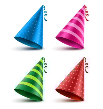 Birthday hat vector set with colorful patterns as elements and decorations for party and celebrations isolated in white background. Vector illustration.