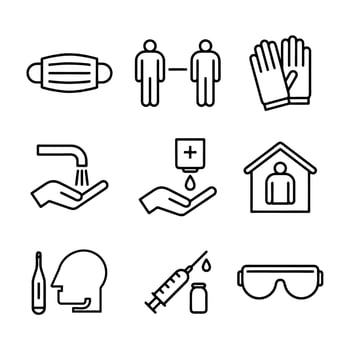 Personal protection equipment icons - medical mask, latex gloves, soap, dispenser, protective glasses. Coronavirus, covid 19 prevention items. Line, outline symbols. Mask icon. Vector illustration