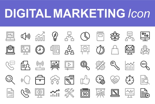 Thin line icons set of marketing, advertising and promotional campaigns. Outline symbol collection. Editable vector stroke