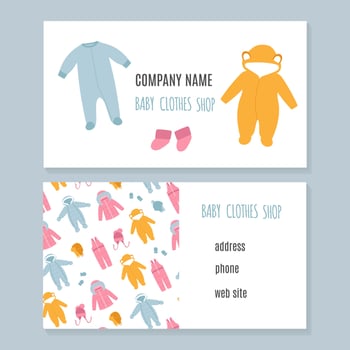 Baby clothing shop business card. Kids store, newborn clothes, baby shop. vector