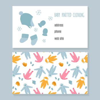 Baby knitted clothing business card template. Blue winter hat and mittens and snowflakes. vector