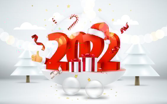 Happy new 2022 year concept. Bright room with holiday elements and digits. 3d style vector banner