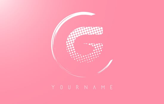 White G letter logo design with white dots and white circle frame on pink background. vector