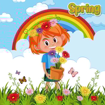 Happy girl holding flower pot in the garden vector