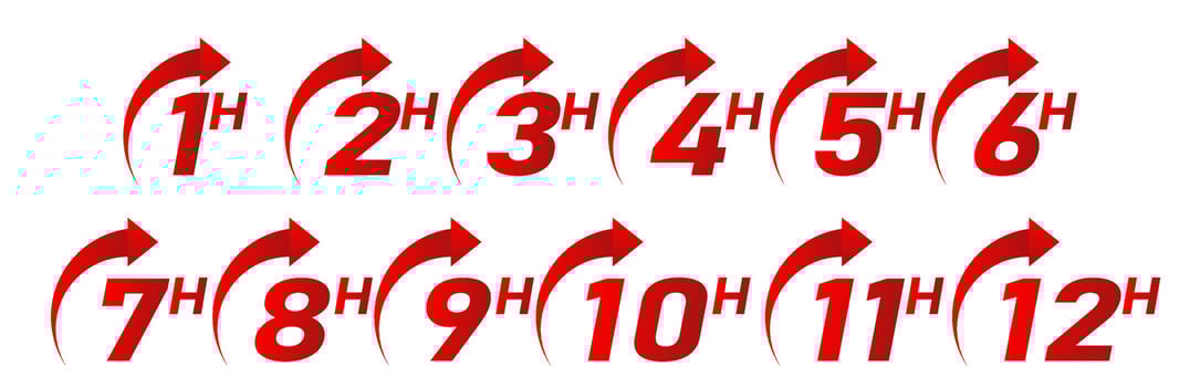 Clock arrow 1, 2, 3, 4, 5, 6, 7, 8, 9, 10, 11 and 12 hours order execution or delivery service icons. Vector illustration. Set of delivery service time icons.